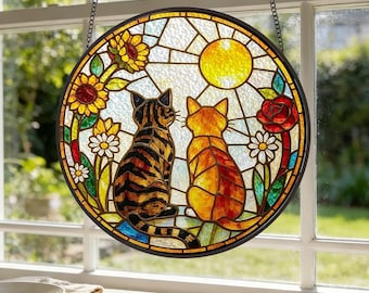 Atrapasueños de jardín personalizado con diseño de pareja de gatos negros y naranjas, con diseño de gato atigrado, para ventana de cristal, regalo para mamá o abuela o para sus amigos.