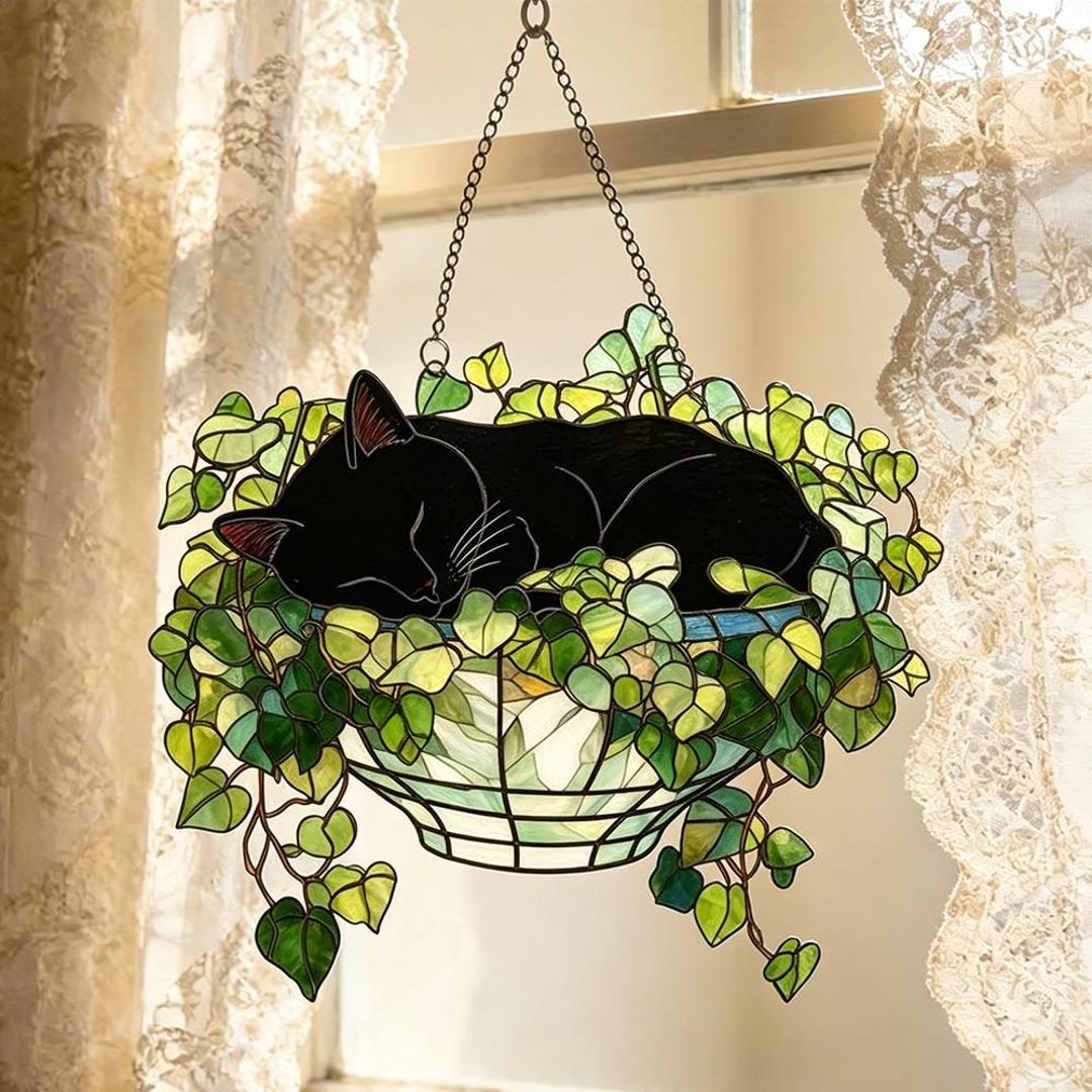 Black Cat Monstera Suncatcher: Fade Resistant Acrylic Window Hanging - Etsy