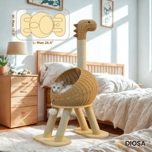 Dinosaur Cat Tree Tower with Sisal Scratching Post | Large Rattan Cat Condo | Wicker Cat Bed with Removable Mat | Indoor Cat House with Toys