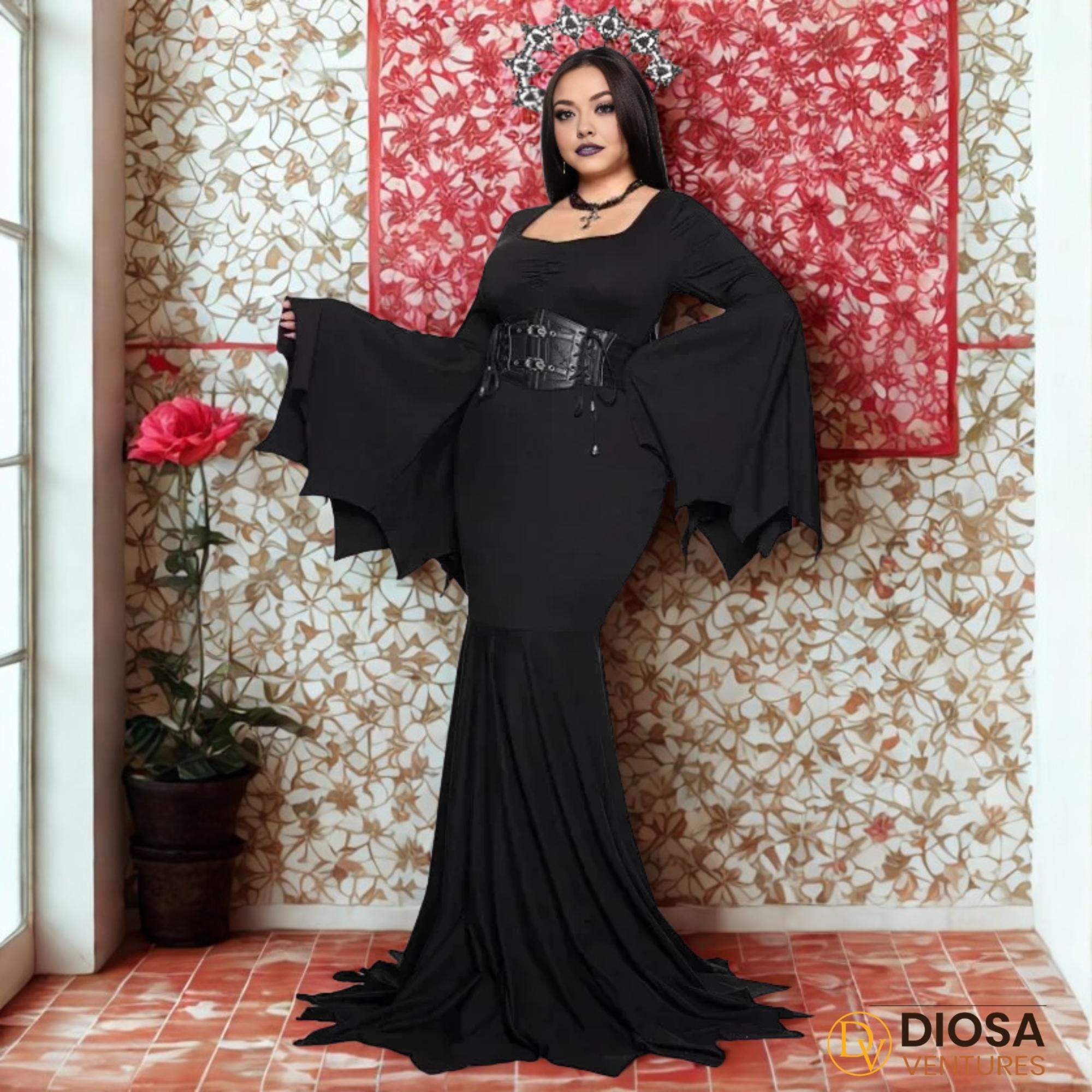 knee length dresses for ladies Scarlet Darkness Morticia Addams Gothic Bat Sleeve Maxi Bodycon Dress