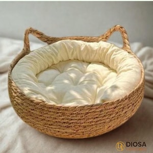 Cat Bed Rattan Cat Bed with Cushion | Woven Cat Basket House | Cozy Donut Pet Bed for Cats & Dogs | Cat Nest | Handmade Cat Furniture
