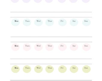 May include: A white weekly planner featuring rows of coloured circles for each day of the week. The days are abbreviated. The planner includes lines for notes and the Virtuoso Piano Studio logo.