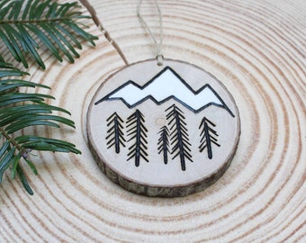 Mountain & trees wood slice ornament/ wilderness, natural, christmas, holiday ornament