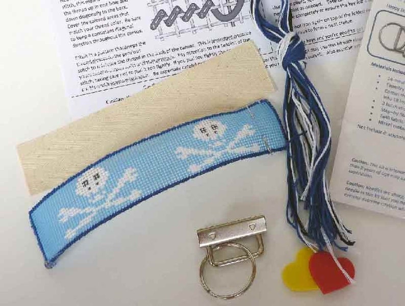 NEEDLEPOINT KEY FOB, Jolly Roger, Pink