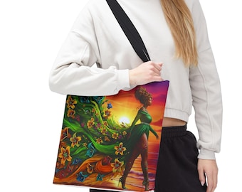 Beach Sunset Tote Bag: Woman on Seashore, Floral Design