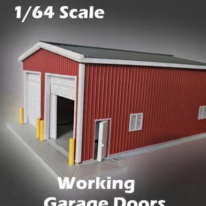 May include: A red and white 1/64 scale model garage with working garage doors. The model features a red exterior with white trim, a gray base, and a black roof. The text "Working Garage Doors" is displayed at the bottom.