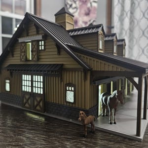 1/64 Scale Modern Horse Stable | Detailed Equestrian Barn Functioning Sliding Doors | Farm Model