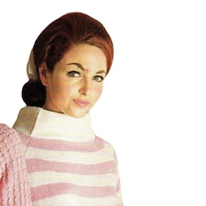 May include: A vintage-style, pink and white striped sweater with a high neckline. The sweater is part of a matching set, with a similar pink knitted garment visible on the left. The model is wearing a white hair accessory.