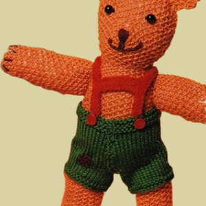 Può includere: Un orsacchiotto fatto a mano, lavorato a maglia, nei toni dell'arancione e del verde. L'orso ha occhi neri, un naso marrone e un sorriso cucito. Indossa pantaloncini verdi con bretelle e bottoni rossi, un giocattolo affascinante e classico.