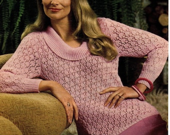 1970s Roll Neck Lacy Jumper knitting pattern (PDF download)