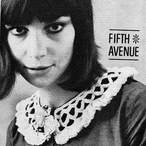 May include: Black and white image of a woman wearing a crocheted white collar. The collar has a scalloped edge and a floral embellishment. The text "FIFTH AVENUE" is printed in a bold font.