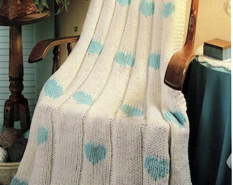 Heart Motif Afghan Throw Rug easy knitting pattern (PDF download)