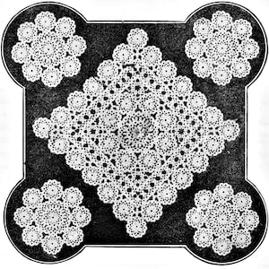 May include: A detailed, white crocheted doily pattern. The central square design is surrounded by four smaller, circular motifs. The intricate lace-like pattern is set against a dark background, highlighting the delicate craftsmanship.