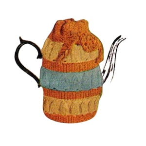 May include: A vintage illustration of a teapot with a knitted cozy. The cozy is in shades of orange, tan, and blue. The teapot has a black handle and spout, set against a white background. A charming piece for tea lovers.