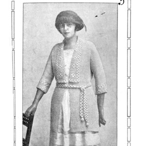 May include: Vintage black and white image of a woman wearing a crocheted cardigan and dress. The image is framed with a decorative border and includes the text "My Lady's Jumpers" and "By Ella Allan Copyright".