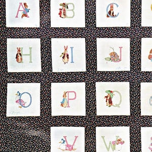 Puede incluir: Cuadrados bordados del alfabeto con personajes como conejos y patos, cada uno emparejado con una letra en rosa, verde y azul. Los personajes son de varios colores. El fondo es un estampado floral.
