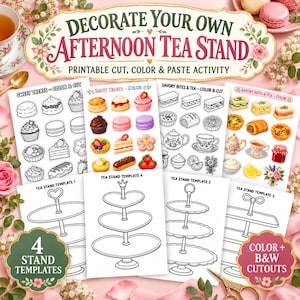 May include: A printable activity set titled Decorate Your Own Afternoon Tea Stand featuring four black and white tiered stand templates, two sheets of colorful food illustrations, and two sheets of black and white food outlines for coloring.