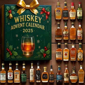 May include: Whiskey advent calendar for 2025 with a green box, gold bow, and various miniature whiskey bottles. The box features a glass of whiskey and the text "Whiskey Advent Calendar 2025."
