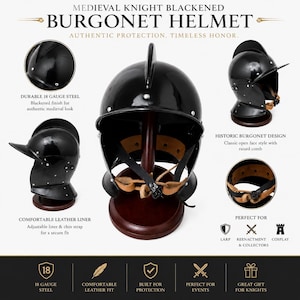 Pode incluir: Um capacete borgonhês de aço preto de calibre 18 com crista elevada, design de rosto aberto e forro de couro bege ajustável com tira de queixo. O capacete é exibido num suporte de madeira, destacando o seu acabamento polido e rebites.