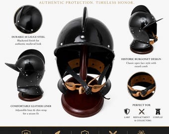 Medieval Knight Blackened Burgonet Helmet | 18 Gauge Steel | LARP SCA Reenactment | Open Face | Leather Liner & Chin Strap | Knight Gift