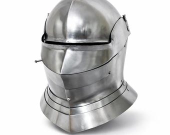 May include: A polished steel German Sallet style helmet with bevor. The helmet features a rounded top, a visor, and a neck guard. The image shows the helmet against a white background. The text "German Sallet Style with Bevor" is at the bottom.