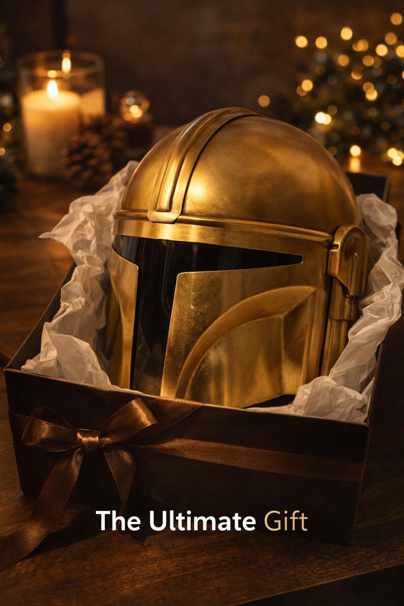 May include: A gold-colored helmet, presented in a gift box with tissue paper and a brown ribbon. The helmet has a distinctive design with a visor and is labeled "The Ultimate Gift".