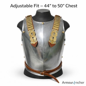 May include: A polished steel breastplate with brass details and leather straps. The chest armour has a brown leather belt and is displayed on a black mannequin. Text on the image reads: Adjustable Fit - 44" to 50" Chest (approx. 112cm to 127cm).