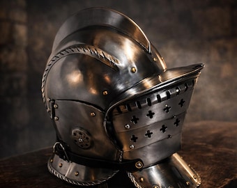 Medieval Landsknecht Burgonet Helmet – Hand Forged 16 Gauge Steel with 3 Interchangeable Visors