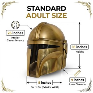 May include: A gold-colored helmet with the text "STANDARD ADULT SIZE". The helmet has a 26-inch interior circumference, 16-inch height, 8-inch ear-to-ear width, and a 9-inch inner diameter.