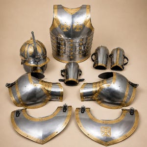 Könnte beinhalten: Ein komplettes Set mittelalterlicher Rüstungen, einschließlich Brustpanzer, Helm, Arm- und Beinschutz sowie Schulterpanzer. Die Rüstung ist silberfarben mit goldfarbenen Akzenten und dekorativen Kreuzmustern.