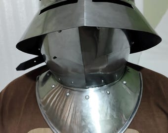 Medieval Kettle Helmet with Bevor – 18GA Steel LARP Knight Helmet