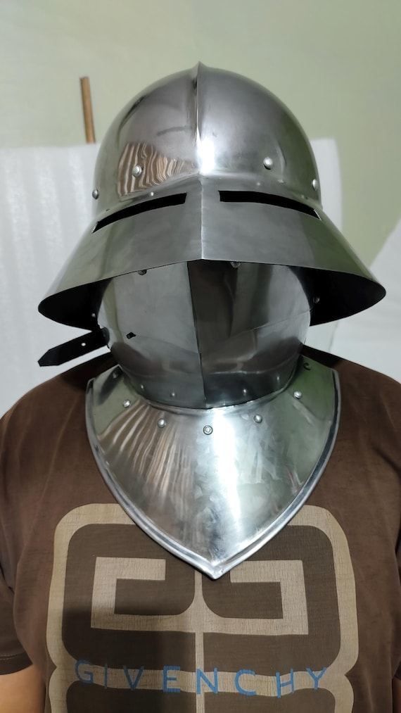 Medieval Kettle Helmet with Bevor – 18GA Steel LARP Knight Helmet