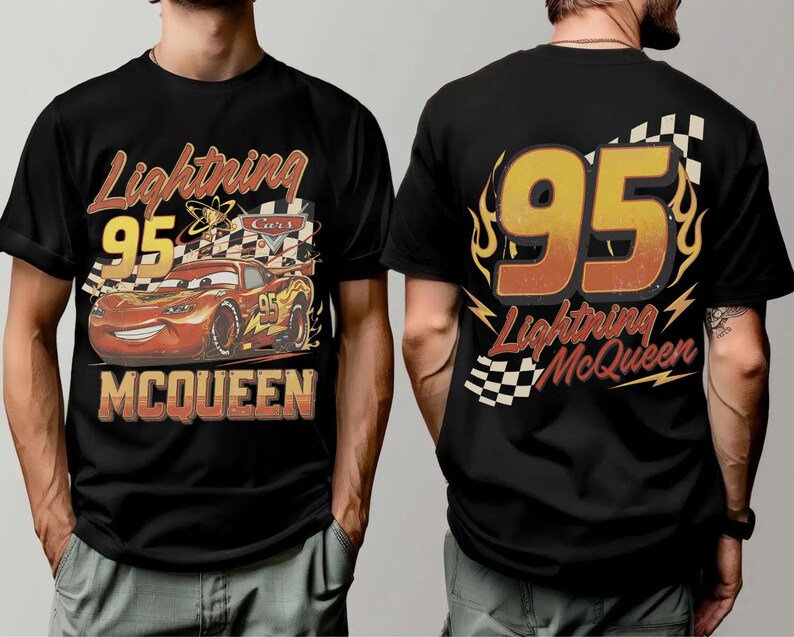 May include: Black t-shirt with a Lightning McQueen design. The front shows the number 95, a chequered flag, and the text "Lightning McQueen." The back of the shirt also features "95" and "Lightning McQueen" with flame and lightning bolt details.