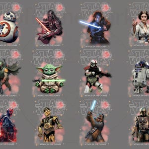 Peut inclure: Illustrations de personnages de Star Wars, dont BB-8, Dark Vador, Luke Skywalker et la Princesse Leia. Chaque personnage est repr&eacute;sent&eacute; avec un sabre laser ou un blaster, avec le texte "Attack of the Clones" en dessous.