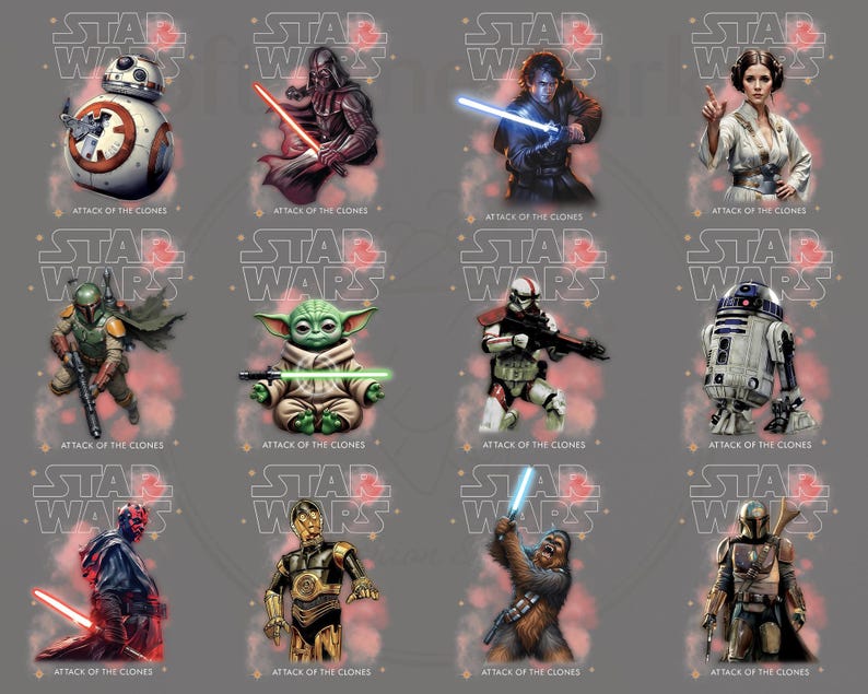 Peut inclure: Illustrations de personnages de Star Wars, dont BB-8, Dark Vador, Luke Skywalker et la Princesse Leia. Chaque personnage est repr&eacute;sent&eacute; avec un sabre laser ou un blaster, avec le texte "Attack of the Clones" en dessous.