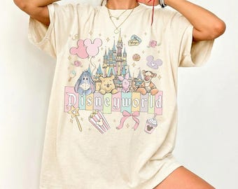 Chemise rétro Château Disneyworld couleurs confort, chemises voyage pour filles Disney, chemise Winnie l'ourson porcelet tigrou Bourriquet, t-shirt vacances Disney