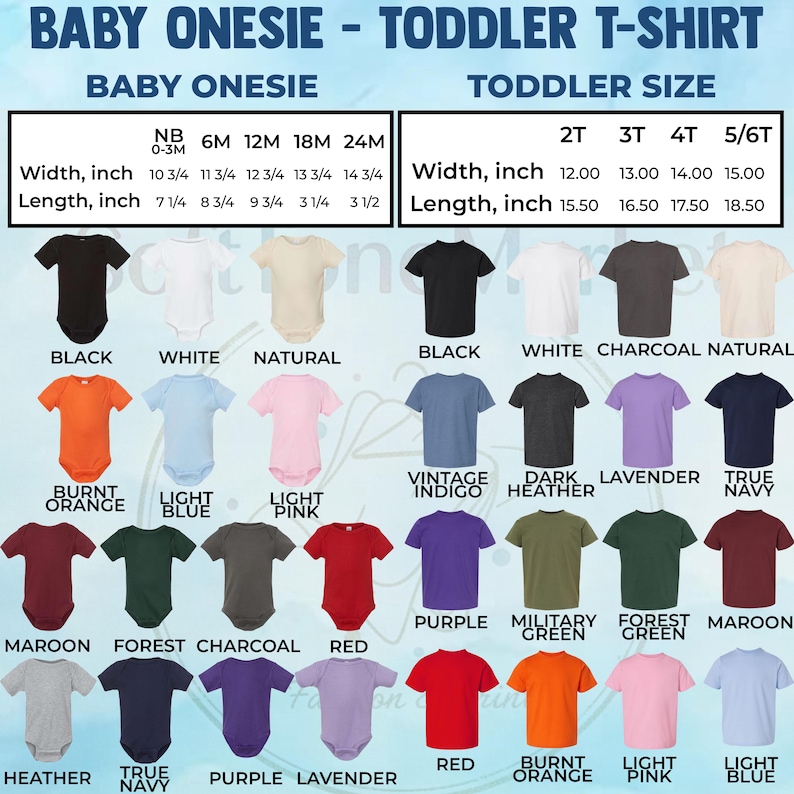 Pu&ograve; includere: Una tabella delle taglie per body da neonato e t-shirt per bambini piccoli. Le taglie per neonati vanno da neonato a 24 mesi, con misure in pollici. Le taglie per bambini piccoli vanno da 2T a 5/6T, sempre in pollici. Vengono mostrati vari colori.