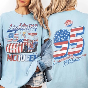Retro Two-sided Lightning McQueen 4th of July Shirt, Disney Pixar Cars USA Flag Shirt, 4th of July Shirt, Disney Lightning Mcqueen Cars Tee zdjęcie 1