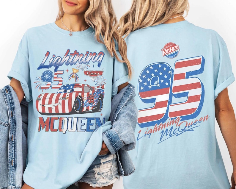 Retro Two-sided Lightning McQueen 4th of July Shirt, Disney Pixar Cars USA Flag Shirt, 4th of July Shirt, Disney Lightning Mcqueen Cars Tee zdjęcie 1