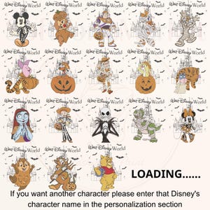 May include: A patterned design featuring various Disney characters dressed in Halloween costumes, such as Mickey Mouse and Woody, with a castle background. The words "WALT DISNEY WORLD" are repeated. The text "LOADING......" is also visible.