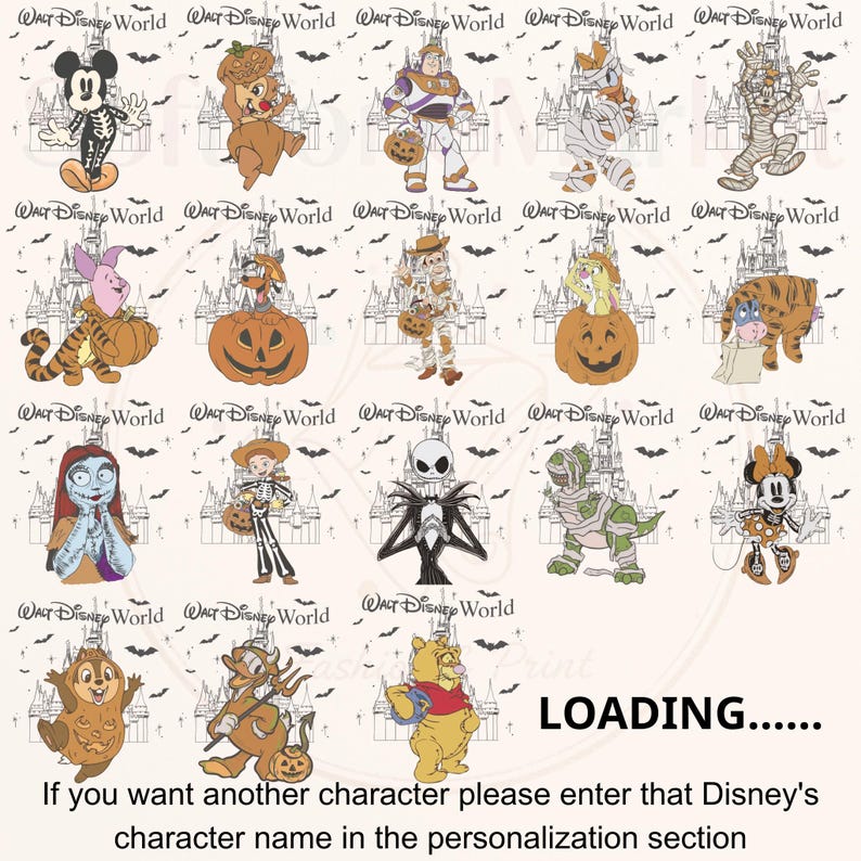 May include: A patterned design featuring various Disney characters dressed in Halloween costumes, such as Mickey Mouse and Woody, with a castle background. The words "WALT DISNEY WORLD" are repeated. The text "LOADING......" is also visible.