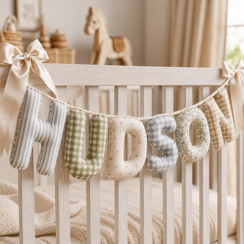 May include: A decorative fabric banner spelling the name HUDSON, featuring stuffed letters in various patterns including blue stripes, green gingham, light blue stars, blue gingham, floral print, and tan plaid, tied with beige satin ribbons at each end.