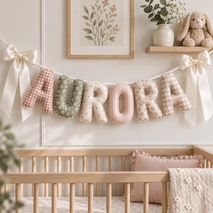 May include: A decorative fabric banner spelling the name AURORA with plush, stuffed letters in alternating patterns of pink gingham, sage green floral, cream star print, pink stripes, and floral print, finished with large cream satin bows.