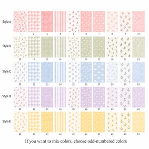 May include: A grid of fifty rectangular swatches organized into five rows labeled Style A through E. Each swatch features distinct patterns including gingham, stripes, floral, hearts, clouds, and geometric shapes in pink, green, blue, purple, and yellow.