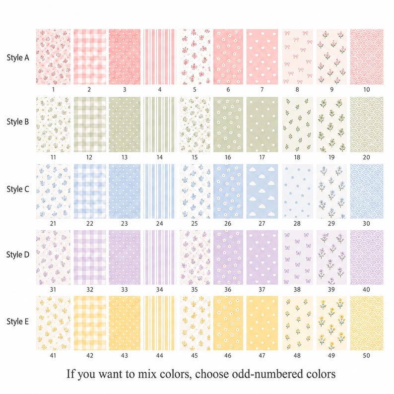 May include: A grid of fifty rectangular swatches organized into five rows labeled Style A through E. Each swatch features distinct patterns including gingham, stripes, floral, hearts, clouds, and geometric shapes in pink, green, blue, purple, and yellow.