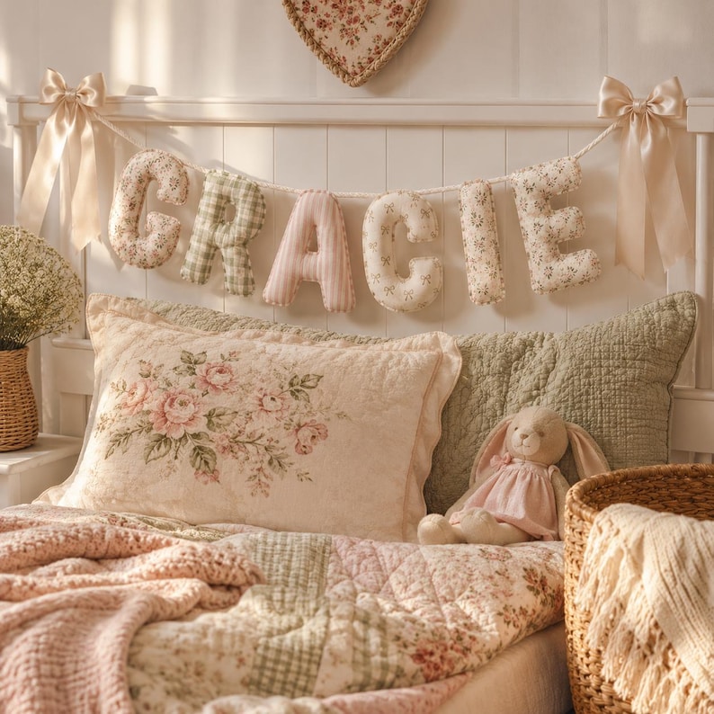 May include: A decorative fabric banner spelling the name GRACIE in stuffed, patterned letters suspended by a rope with beige satin bows at each end. The letters feature various floral and checkered prints in shades of pink, green, and cream.