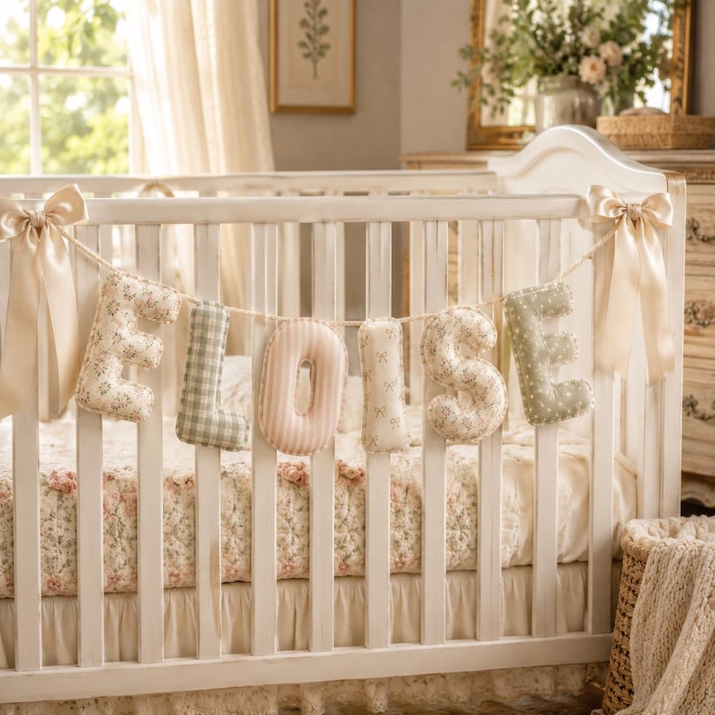 May include: A decorative fabric banner spelling the name ELOISE, featuring plush, stuffed letters in alternating patterns of floral prints, gingham checks, and stripes in soft pastel tones, suspended by a rope with large cream satin bows at each end.