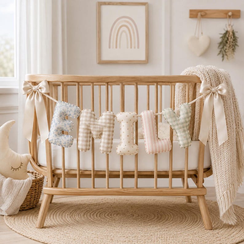May include: A decorative fabric banner spelling the name EMILY, featuring individual stuffed letters in various pastel patterns including gingham, floral, and polka dots, suspended by a string with cream-colored satin bows on each end.