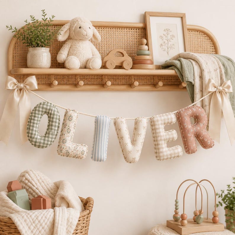 May include: A decorative fabric banner spelling the name OLIVER in stuffed, patterned letters hanging from a wooden wall shelf. The letters feature green gingham, floral, blue stripe, bow, and beige check prints, accented by cream satin bows.