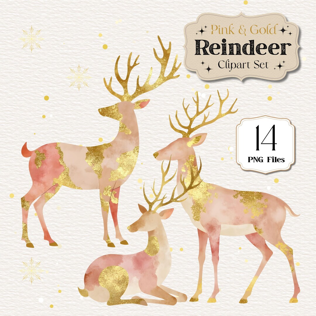 Pink and Gold Reindeer Clipart Set | Elegant Christmas Watercolor PNG ...